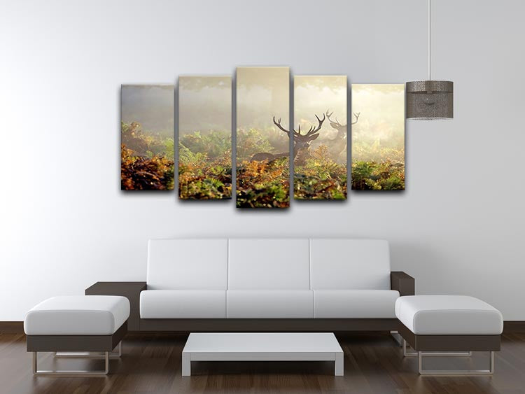 Large red deer stag artwork in mist, displayed in a 5-split canvas format, showcasing a majestic scene.