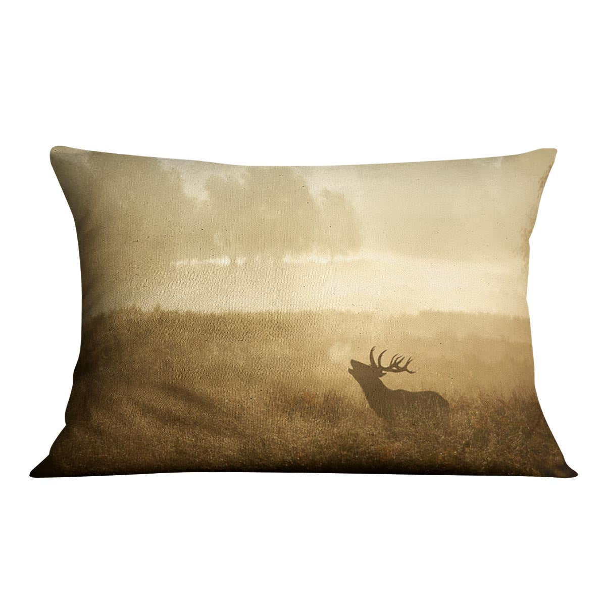 Large red deer stag silhouette cushion in autumn colors, showcasing vibrant design on luxurious faux suede.