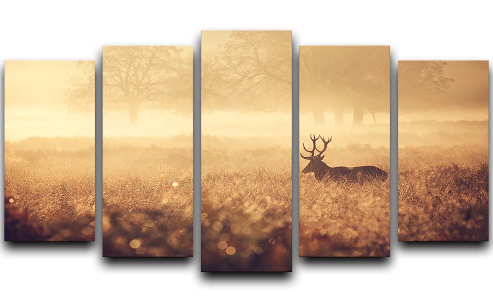 Large red deer stag silhouette artwork in autumn mist, displayed in a 5 split panel format, creating a stunning visual centerpiece.
