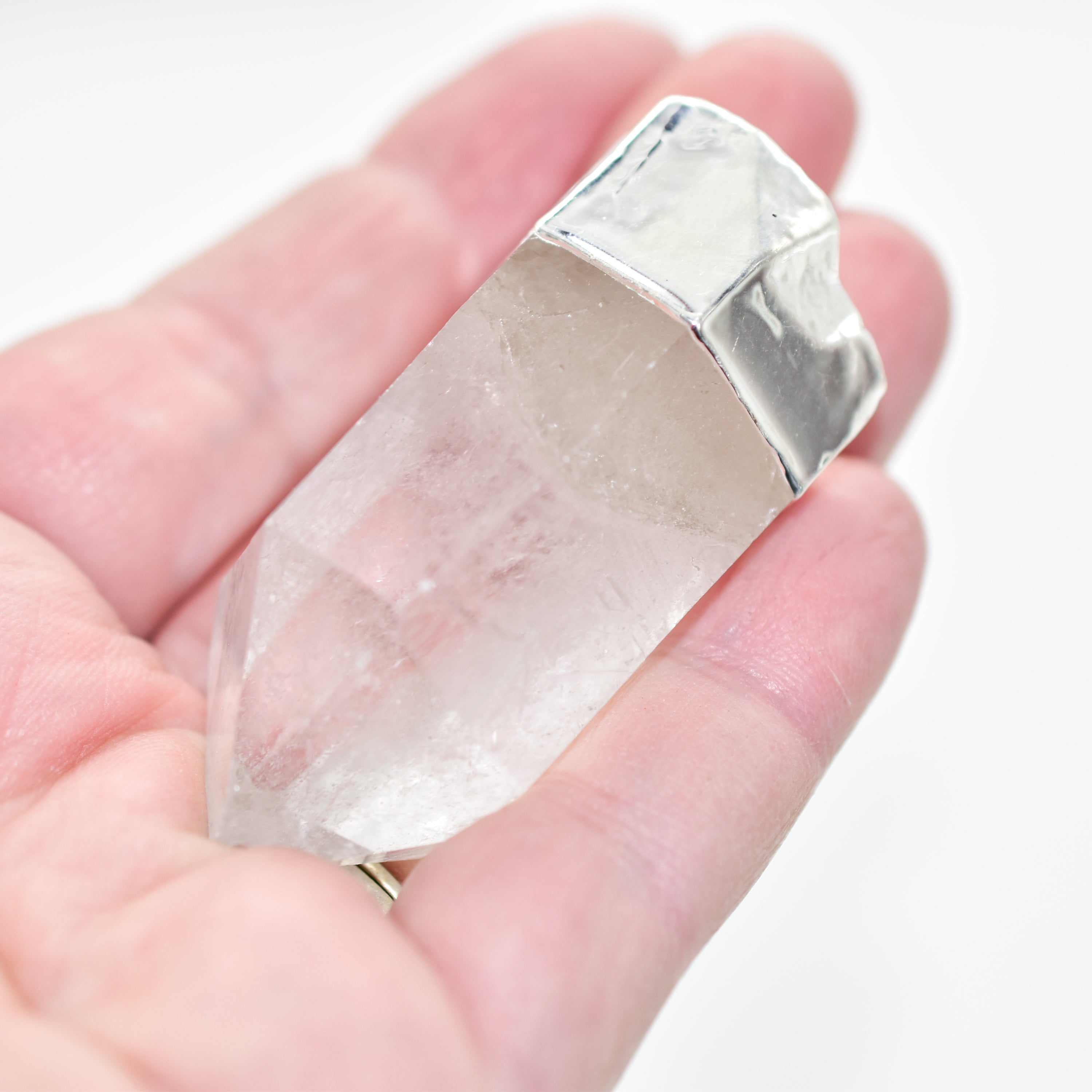 Large Single Crystal Point Pendant in gold or silver plating, showcasing a natural quartz crystal with a unique shape and shine.