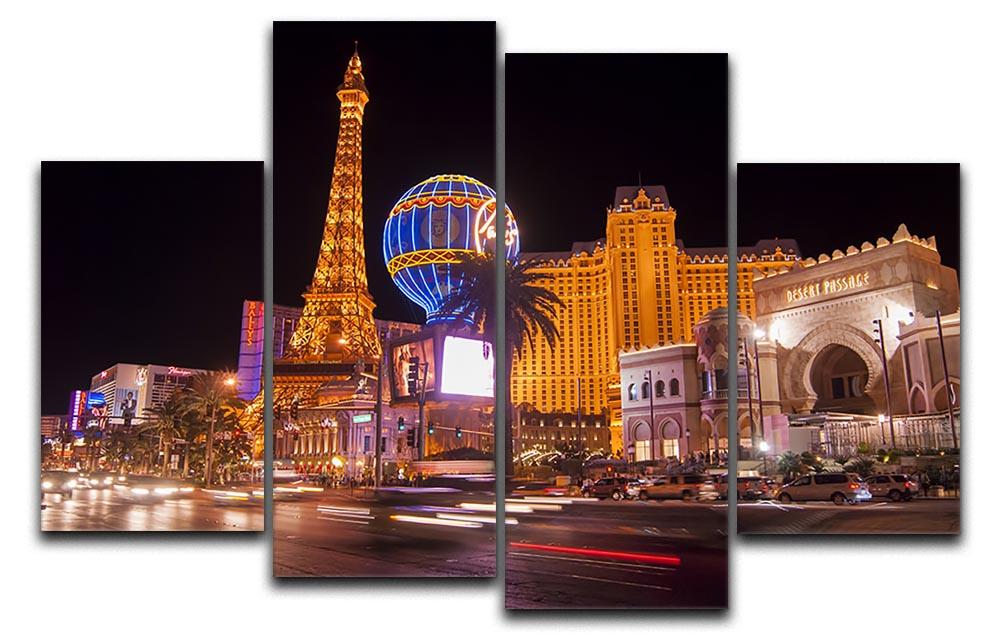 A vibrant 4-split canvas artwork depicting Las Vegas Blvd at Flamingo, showcasing dynamic colors and modern design.