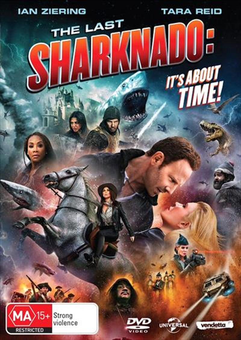 DVD cover of Last Sharknado - It's About Time featuring sharks and action scenes.