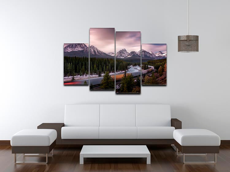 Last Train To Light 4 Split Panel Canvas artwork featuring a vibrant train scene divided into four panels.