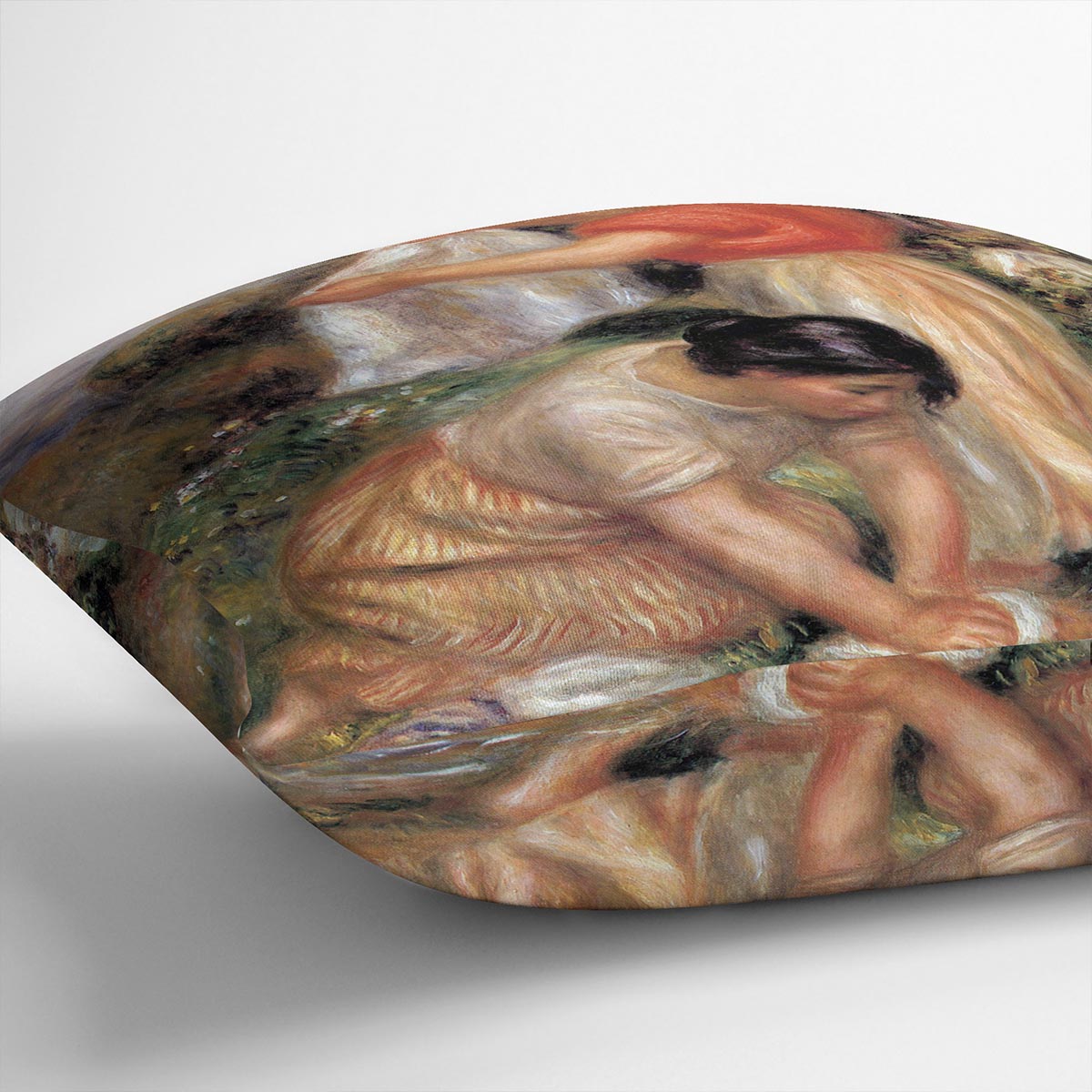 Laundresses 2 by Renoir Cushion featuring vibrant abstract design on luxurious vegan faux suede, perfect for home decor.