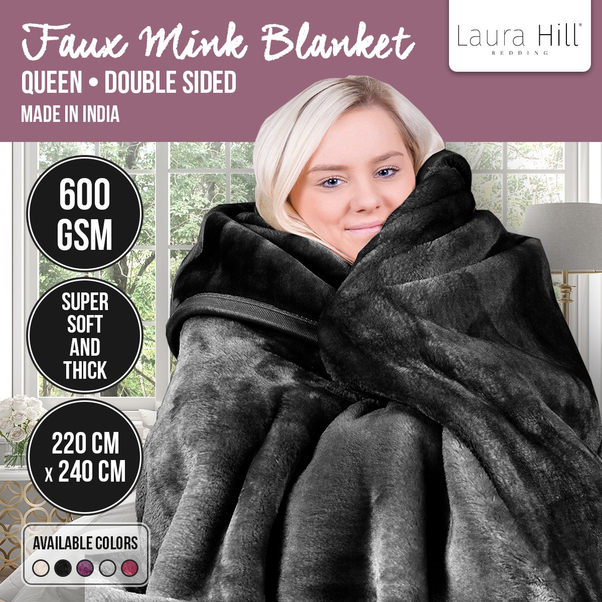 Laura Hill 600GSM Faux Mink Blanket in elegant black, showcasing its soft texture and double-sided design.