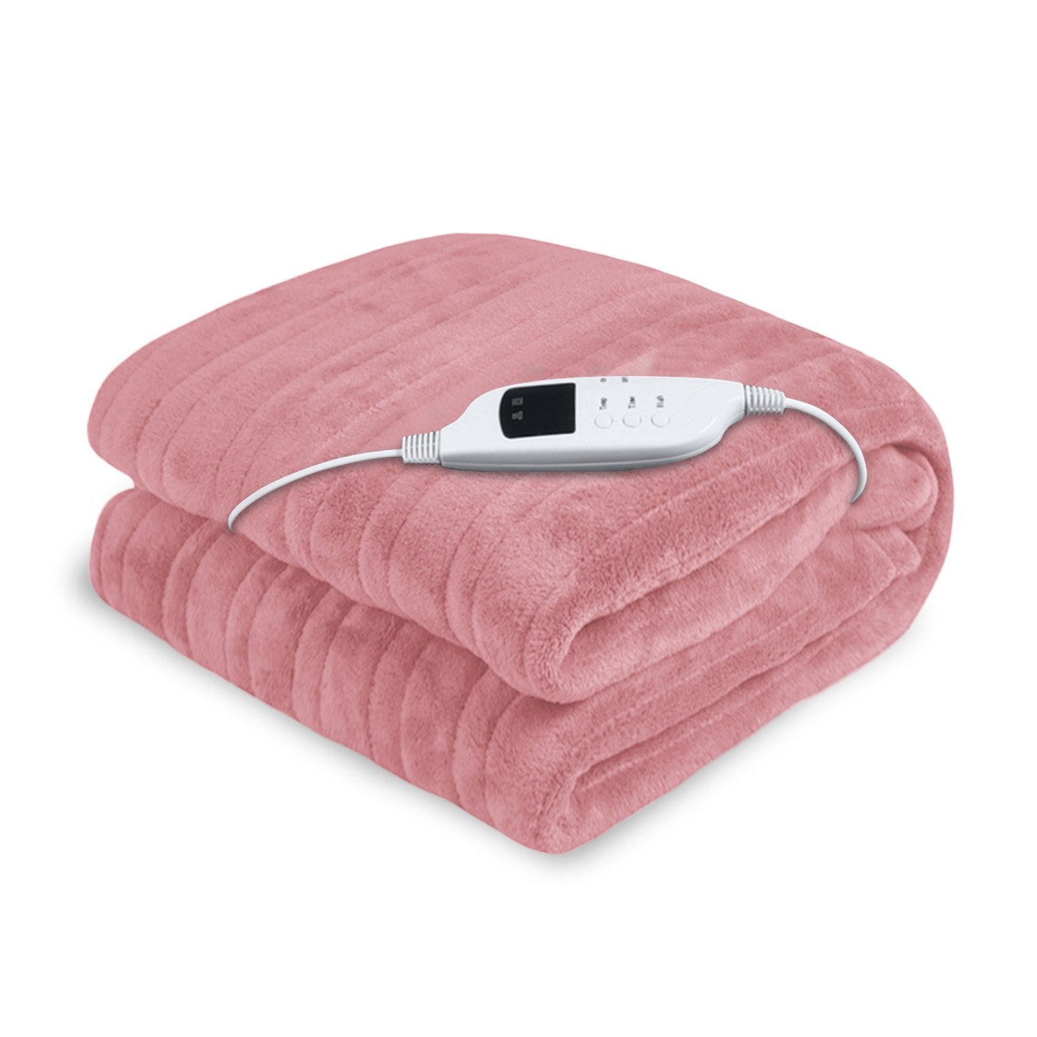 Laura Hill Heated Electric Blanket Throw Rug in coral fleece, showcasing its soft texture and vibrant pink color, perfect for winter warmth.