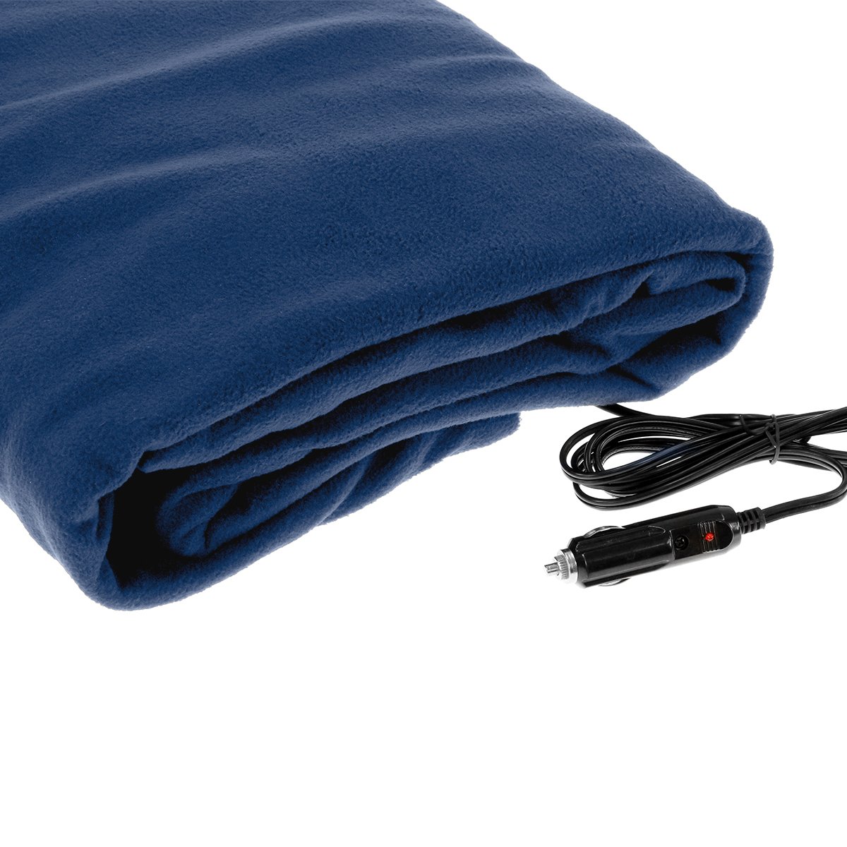 Laura Hill Heated Electric Car Blanket in navy blue, measuring 150x110cm, made from soft polyester fleece, ideal for winter travel.