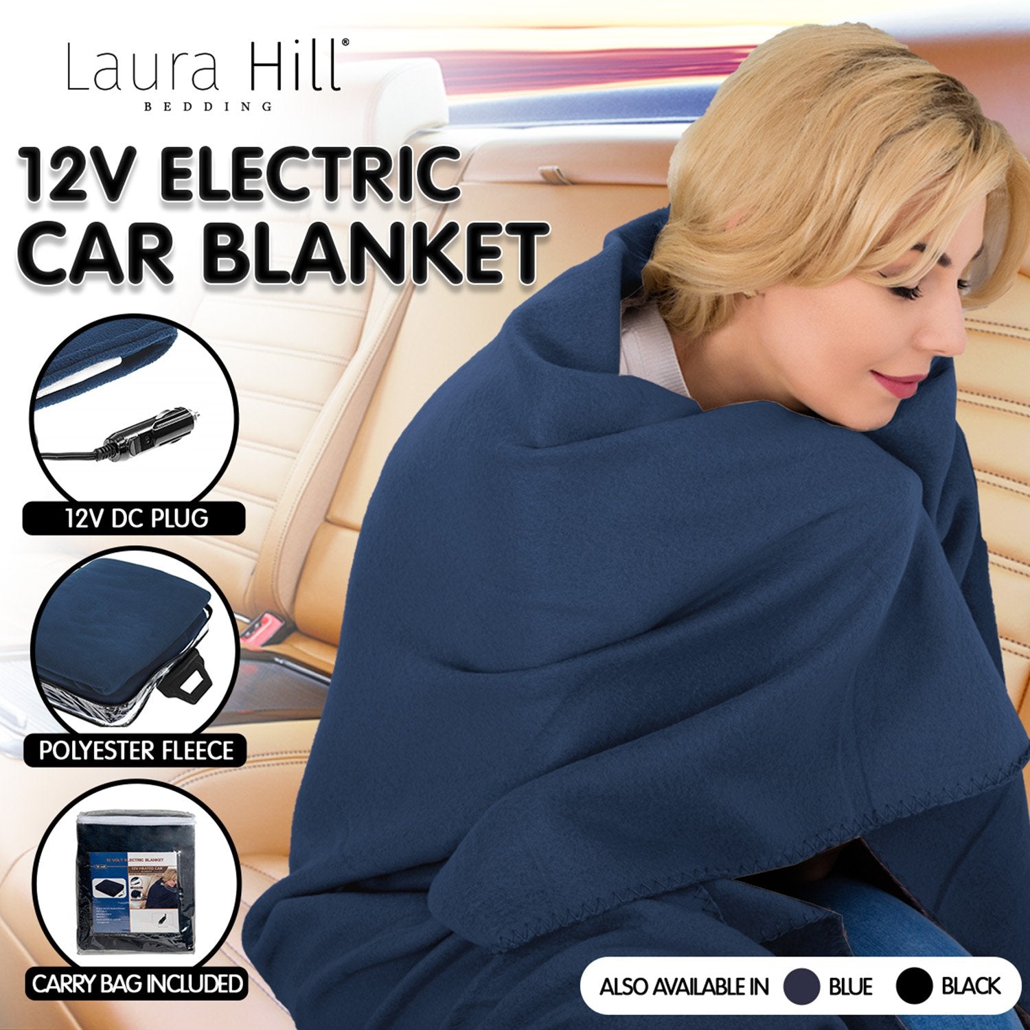Laura Hill Heated Electric Car Blanket in navy blue, measuring 150x110cm, made from soft polyester fleece, ideal for winter travel.