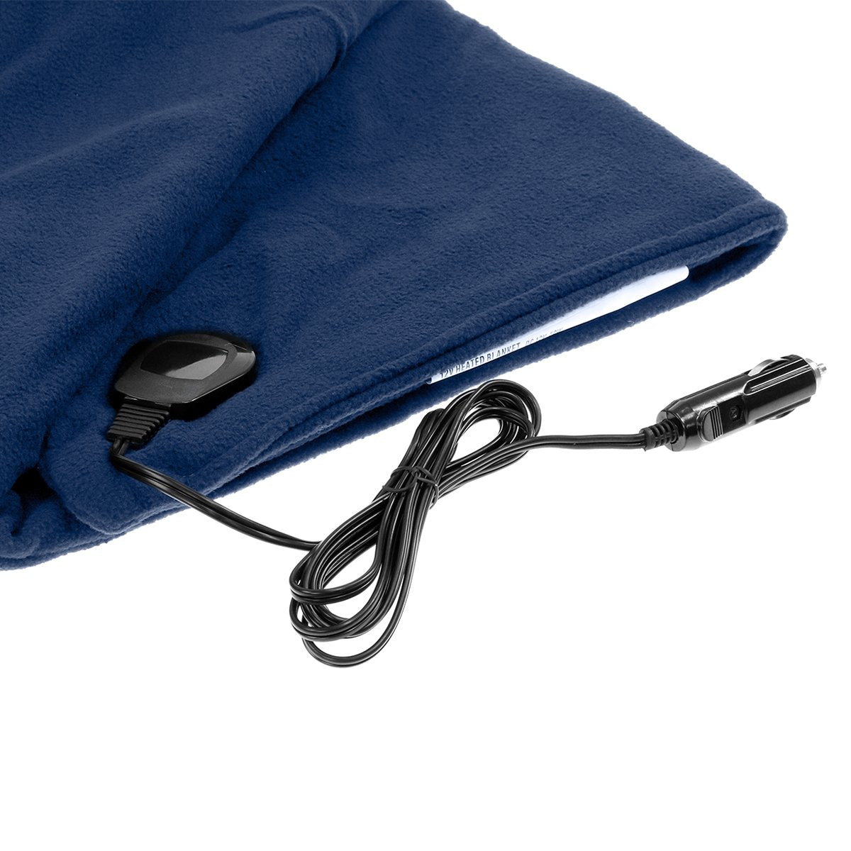 Laura Hill Heated Electric Car Blanket in navy blue, measuring 150x110cm, made from soft polyester fleece, ideal for winter travel.