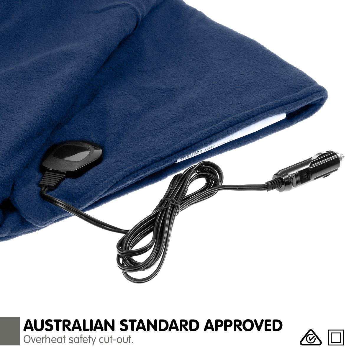 Laura Hill Heated Electric Car Blanket in navy blue, measuring 150x110cm, made from soft polyester fleece, ideal for winter travel.