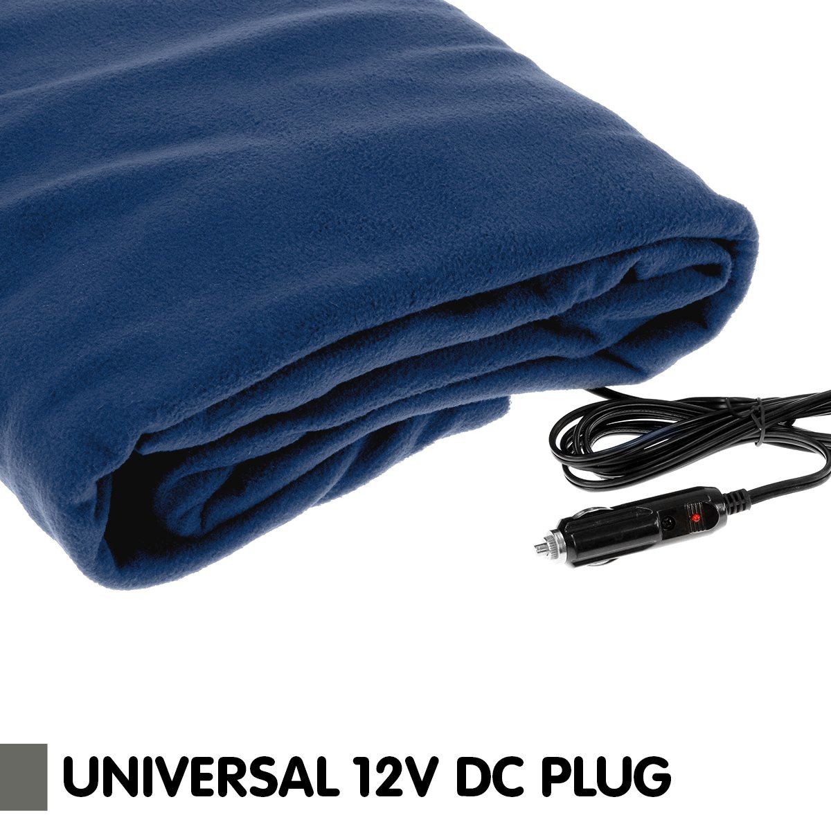 Laura Hill Heated Electric Car Blanket in navy blue, measuring 150x110cm, made from soft polyester fleece, ideal for winter travel.