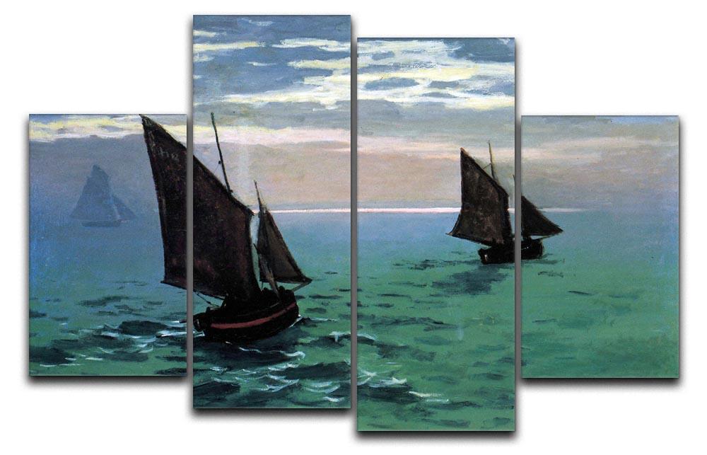 A 4-split canvas artwork depicting Monet's fishing boats exiting the port of Le Havre, showcasing vibrant colors and impressionistic style.