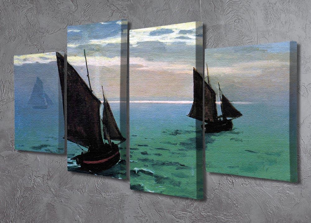 A 4-split canvas artwork depicting Monet's fishing boats exiting the port of Le Havre, showcasing vibrant colors and impressionistic style.