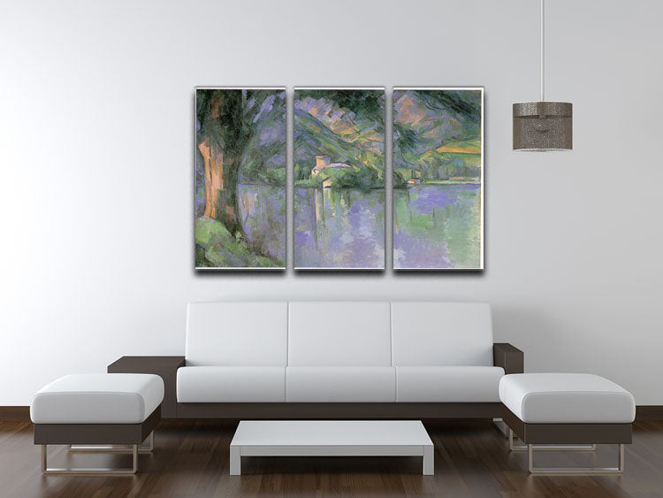 Le lac d Annecy 1896 by Cezanne 3-panel canvas print showcasing a serene landscape in vibrant colors.