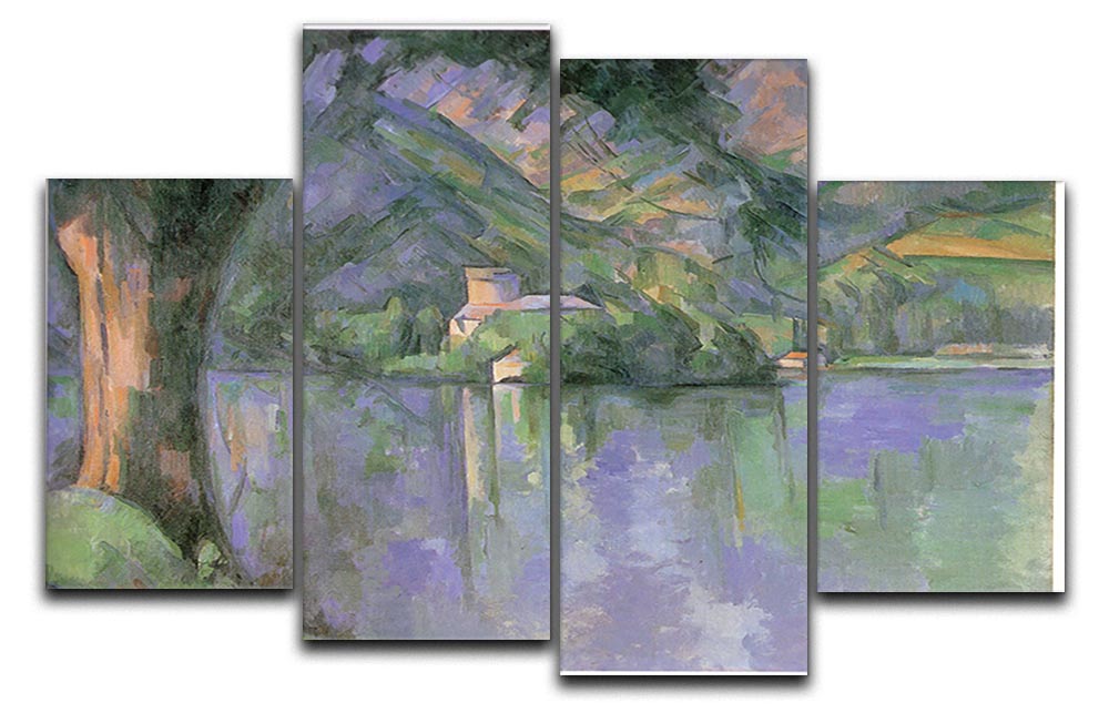 Le lac d Annecy 1896 by Cezanne, a 4-split canvas artwork showcasing a serene lake landscape in vibrant colors.