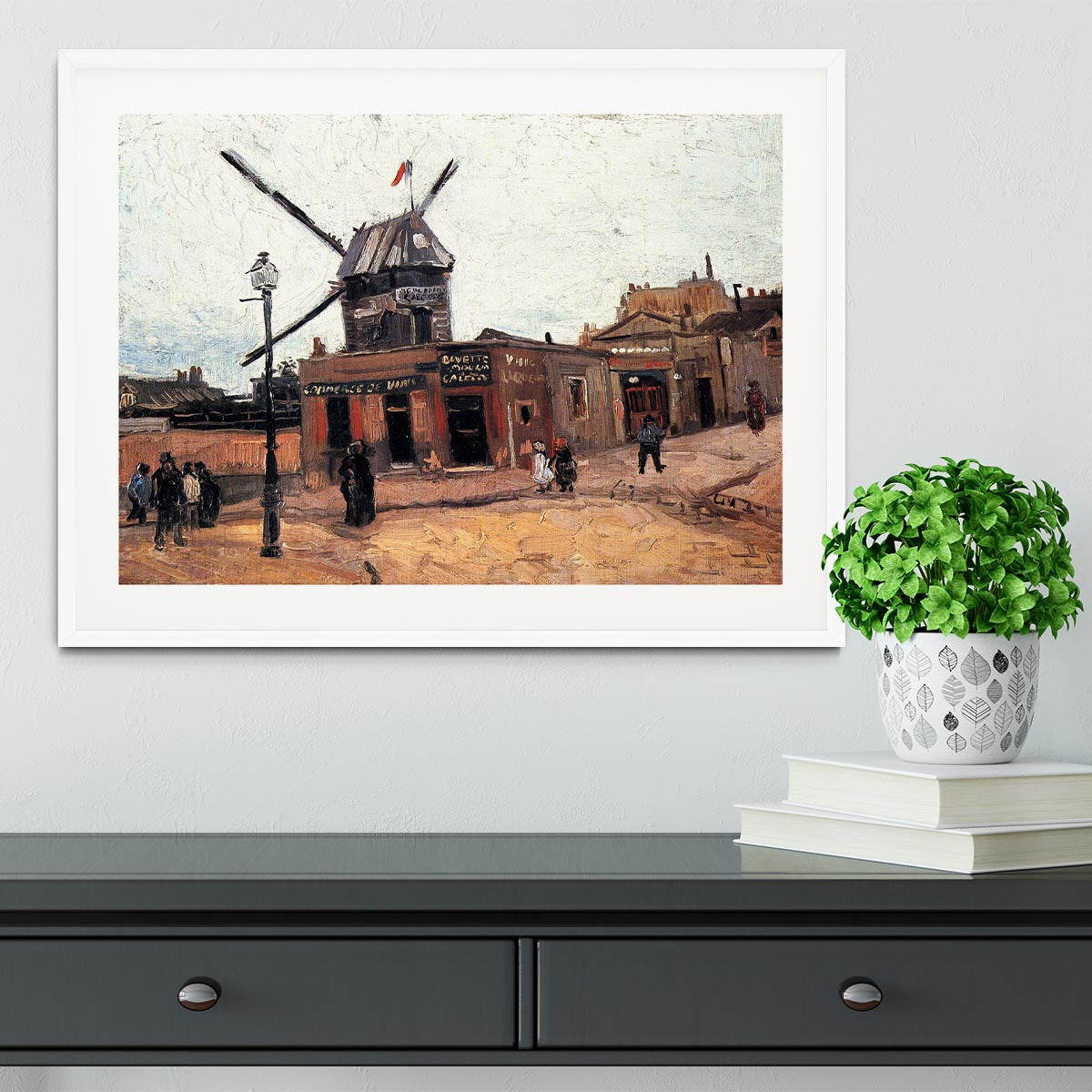 Framed print of Le Moulin de la Galette 3 by Van Gogh, showcasing vibrant colors and exquisite craftsmanship.