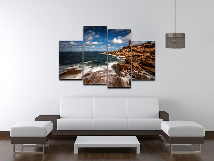 Le Phare De Ploumanac'h 4 Split Panel Canvas showcasing a lighthouse in a serene coastal setting, divided into four equal sections.