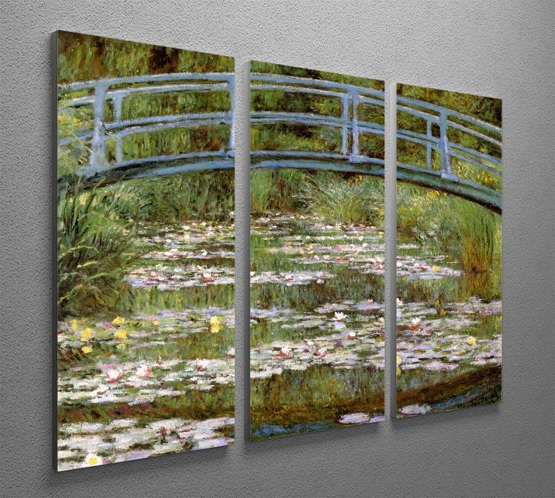 Le Pont Japonais by Monet split panel canvas print featuring three panels showcasing a serene Japanese bridge surrounded by lush greenery.