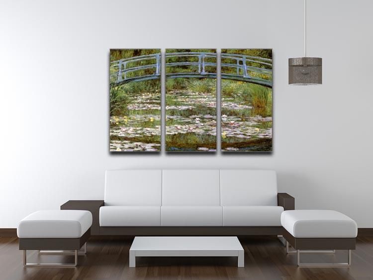 Le Pont Japonais by Monet split panel canvas print featuring three panels showcasing a serene Japanese bridge surrounded by lush greenery.