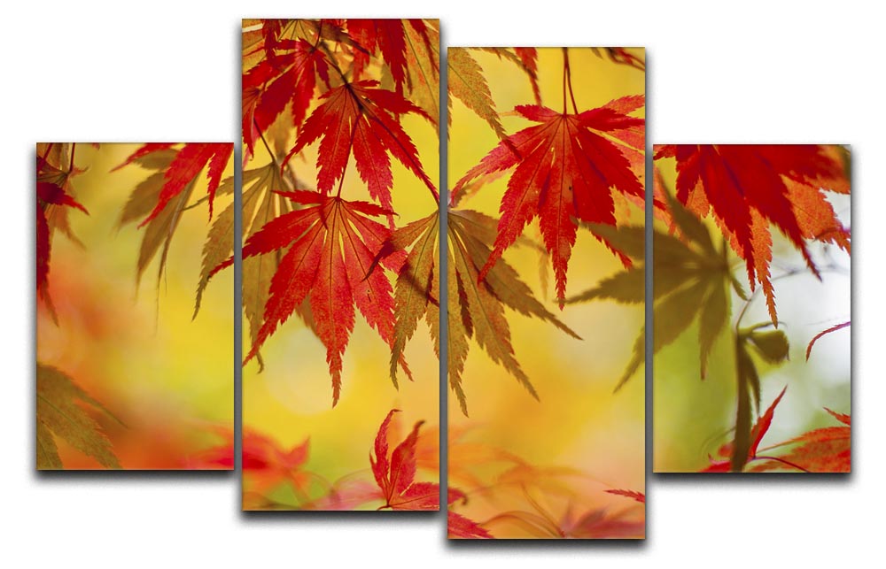 Leaf Patterns 4 Split Panel Canvas artwork featuring vibrant leaf designs across four panels, creating a cohesive and dynamic display.