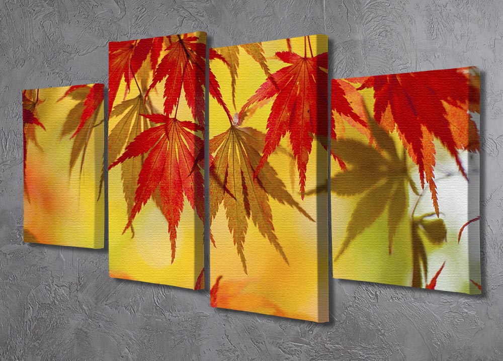 Leaf Patterns 4 Split Panel Canvas artwork featuring vibrant leaf designs across four panels, creating a cohesive and dynamic display.