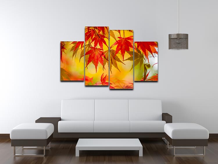 Leaf Patterns 4 Split Panel Canvas artwork featuring vibrant leaf designs across four panels, creating a cohesive and dynamic display.
