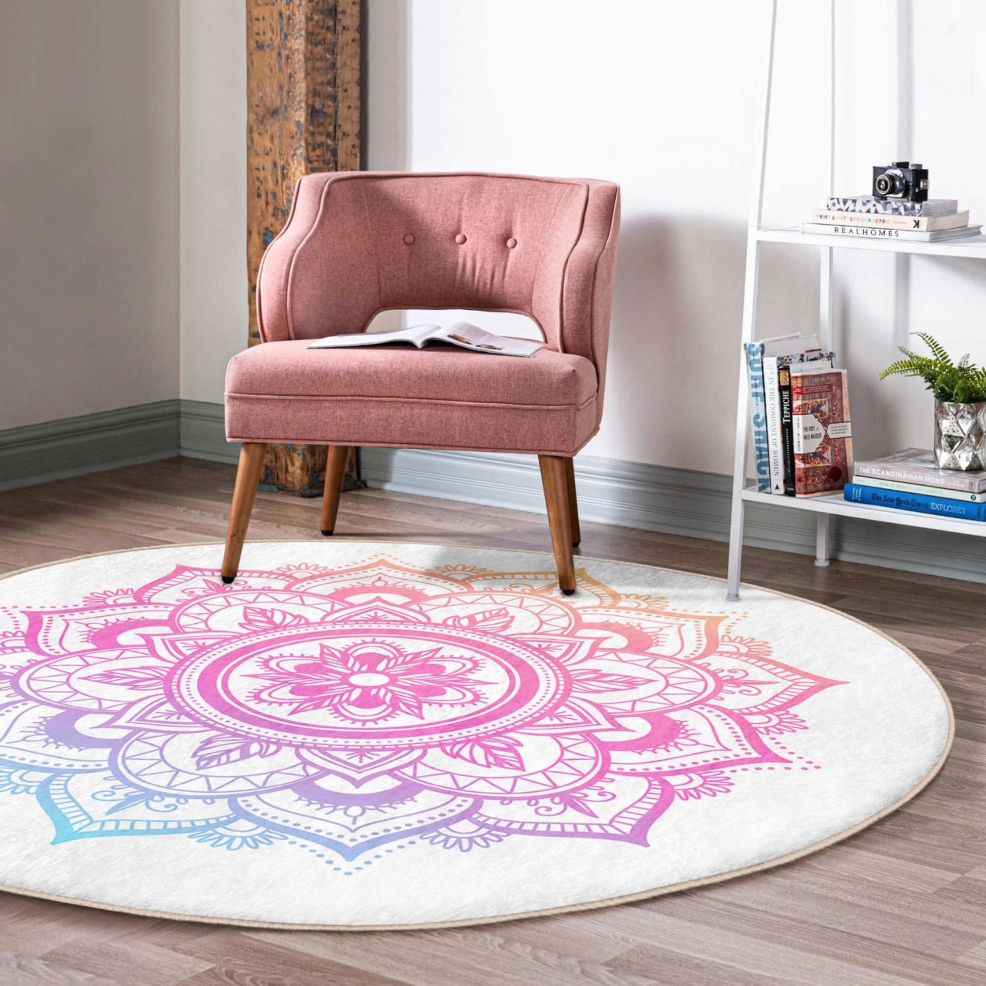 Leaf Round Rug featuring a lotus flower pattern, soft velvet fabric, and vibrant colors, perfect for home decor.