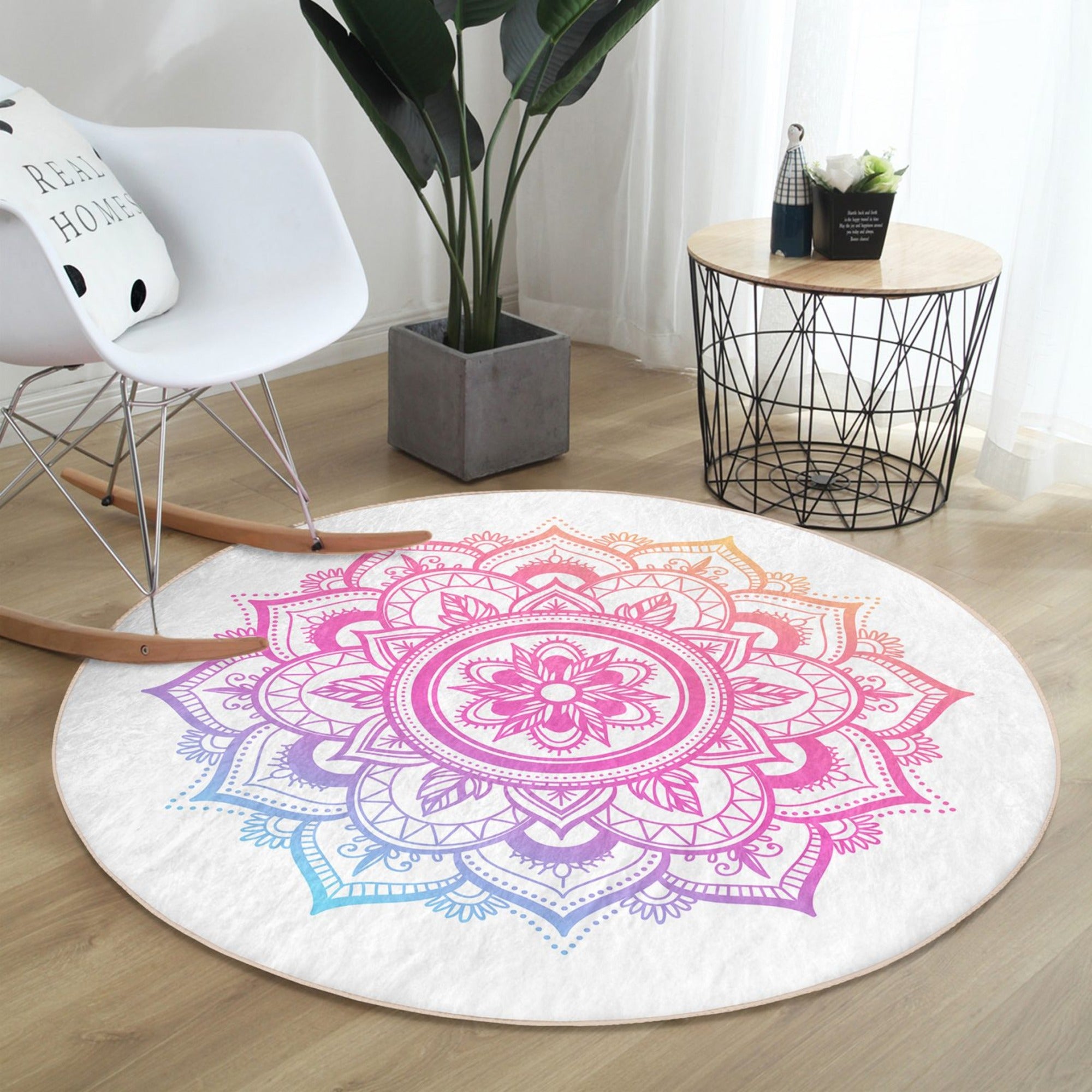 Leaf Round Rug featuring a lotus flower pattern, soft velvet fabric, and vibrant colors, perfect for home decor.