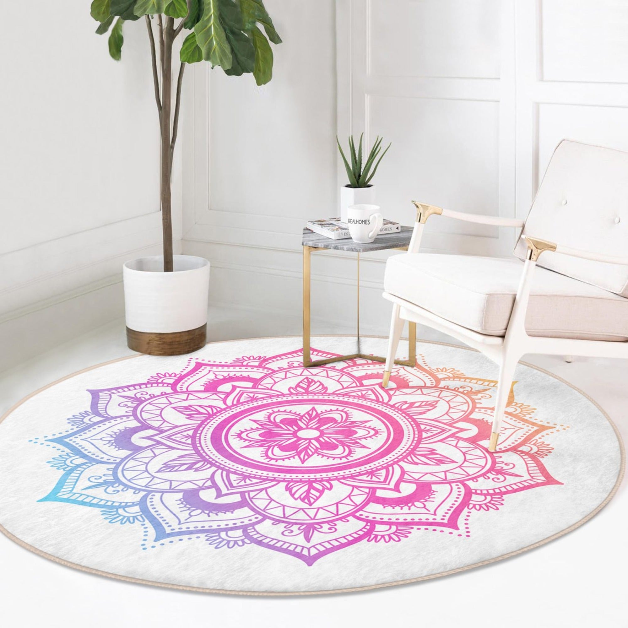 Leaf Round Rug featuring a lotus flower pattern, soft velvet fabric, and vibrant colors, perfect for home decor.