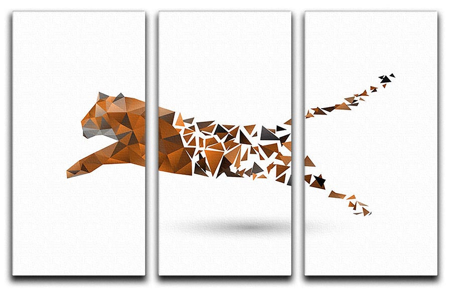 A striking 3-panel canvas print featuring a leaping tiger designed with polygon shapes, showcasing vibrant colors and modern art style.