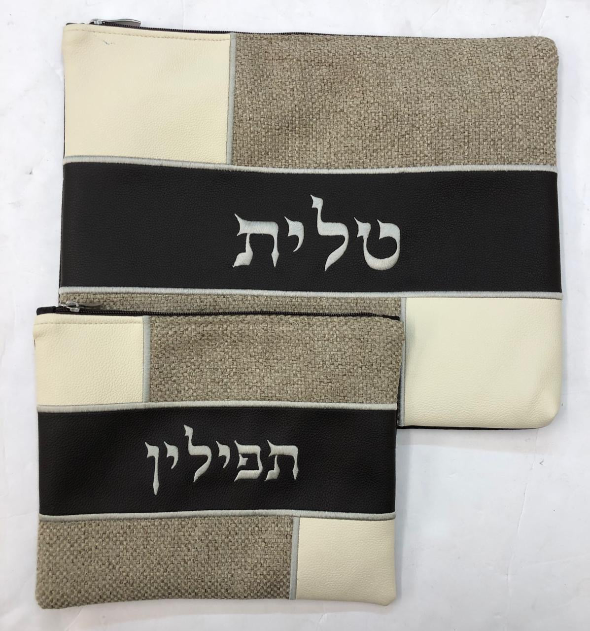 Leather Like Talit and Tefilin Set in black with modern embroidered design, featuring a Talit bag and a Tefilin bag.