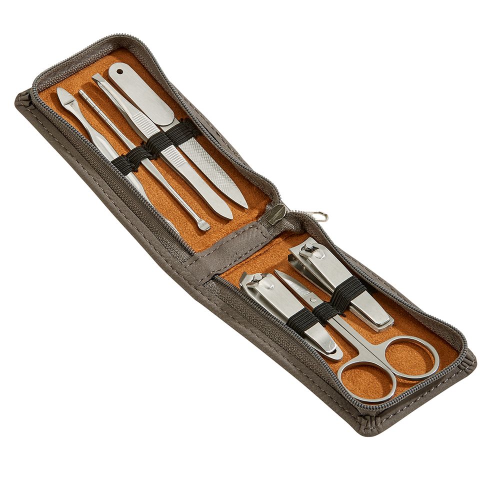 Grey leatherette manicure set with stainless steel tools, including clippers, file, tweezers, and scissors, neatly organized in a zippered case.