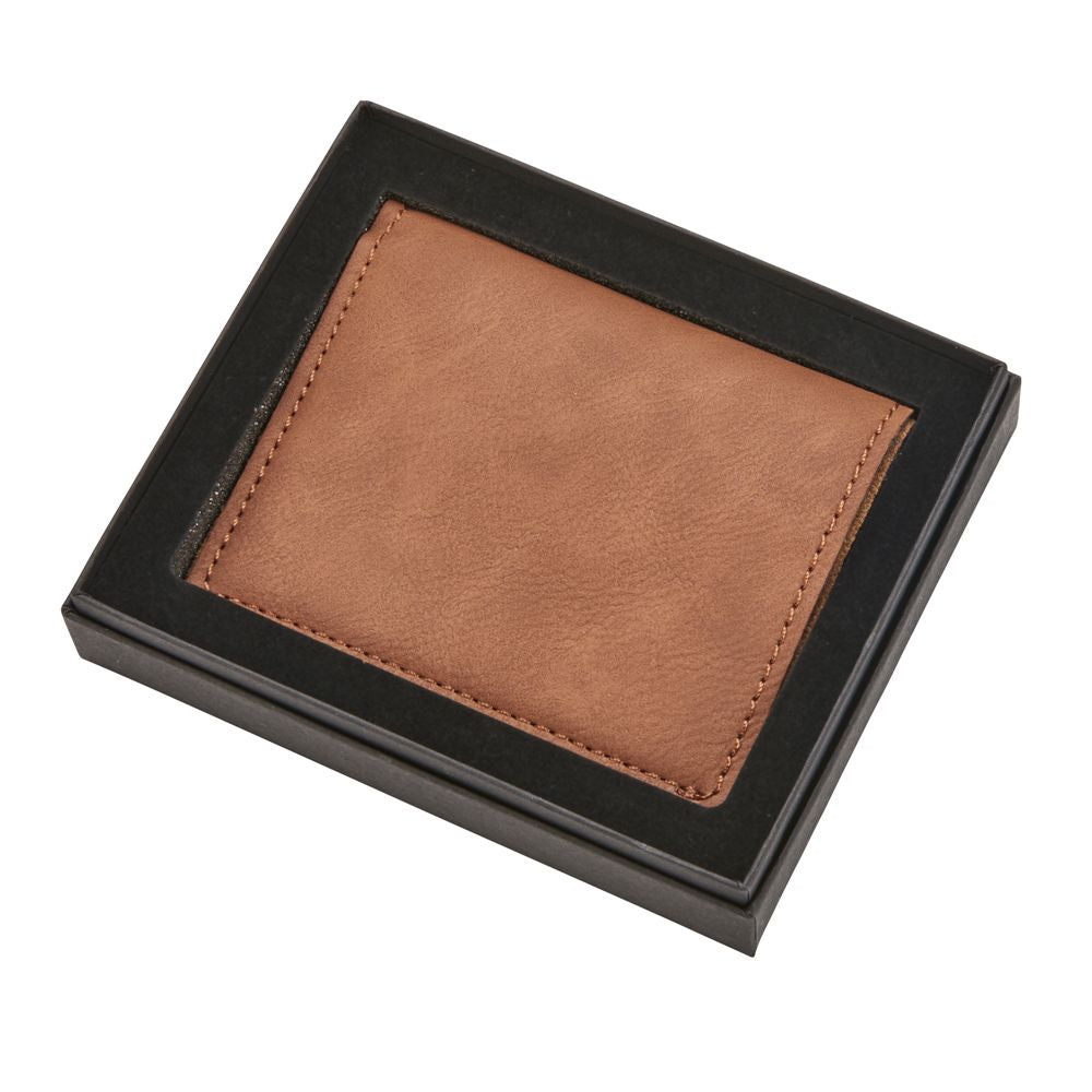 Caramel leatherette wallet with six card slots, elegantly gift boxed.