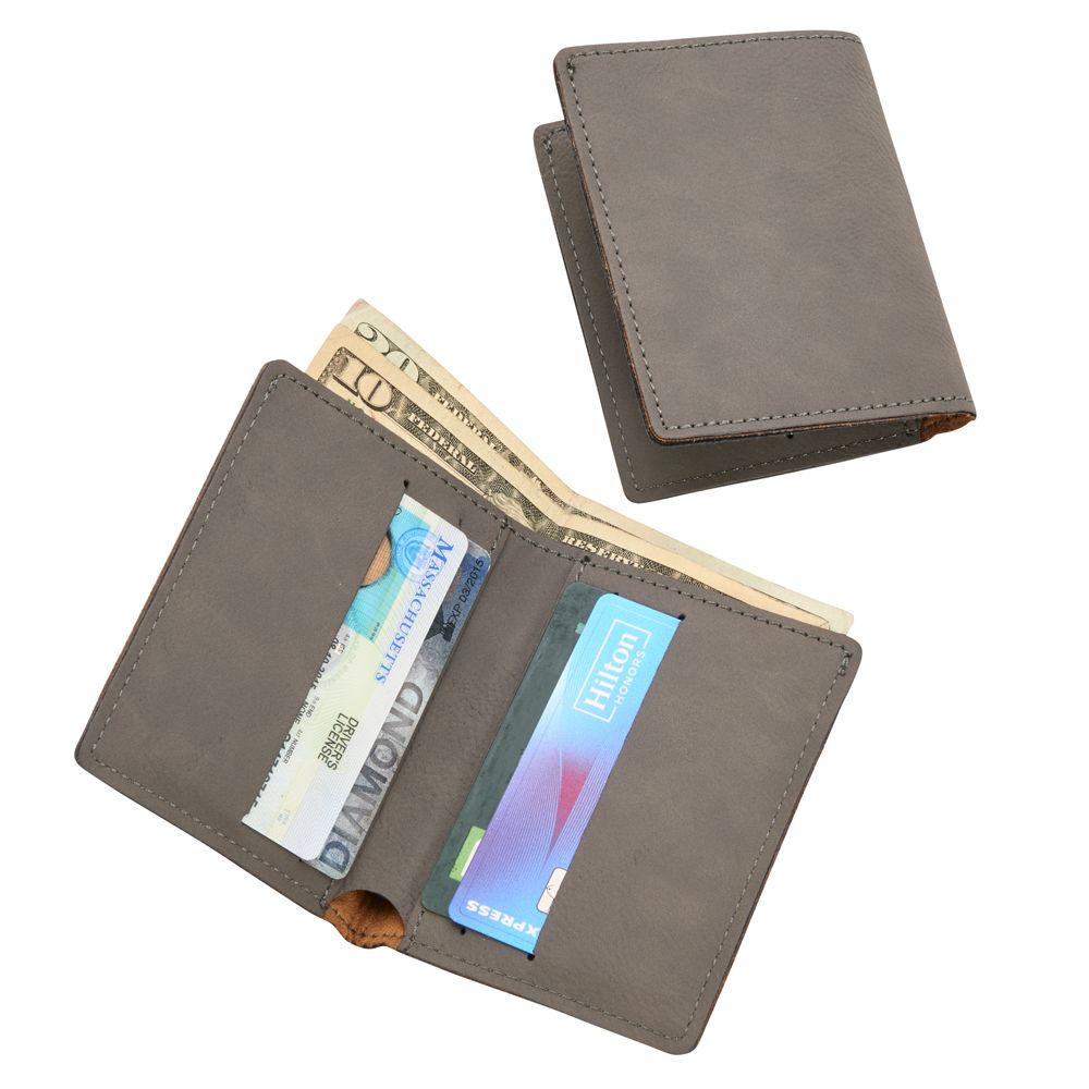 A grey leatherette wallet measuring 4" x 3.25", featuring six card slots and a sleek design.