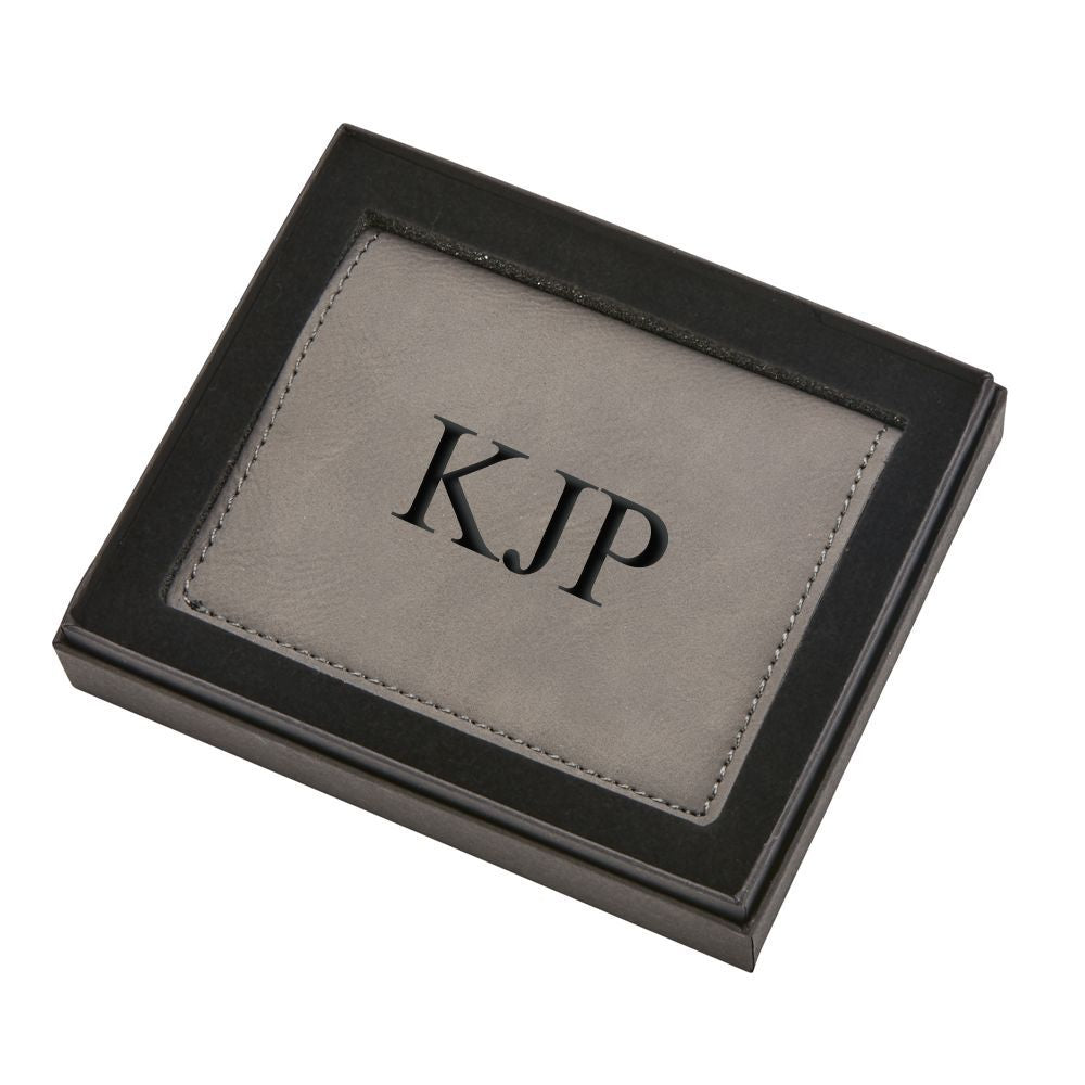 A grey leatherette wallet measuring 4" x 3.25", featuring six card slots and a sleek design.