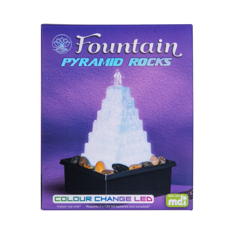 LED Pyramid Water Feature Fountain with colour-changing lights and natural river rocks, creating a serene ambiance.