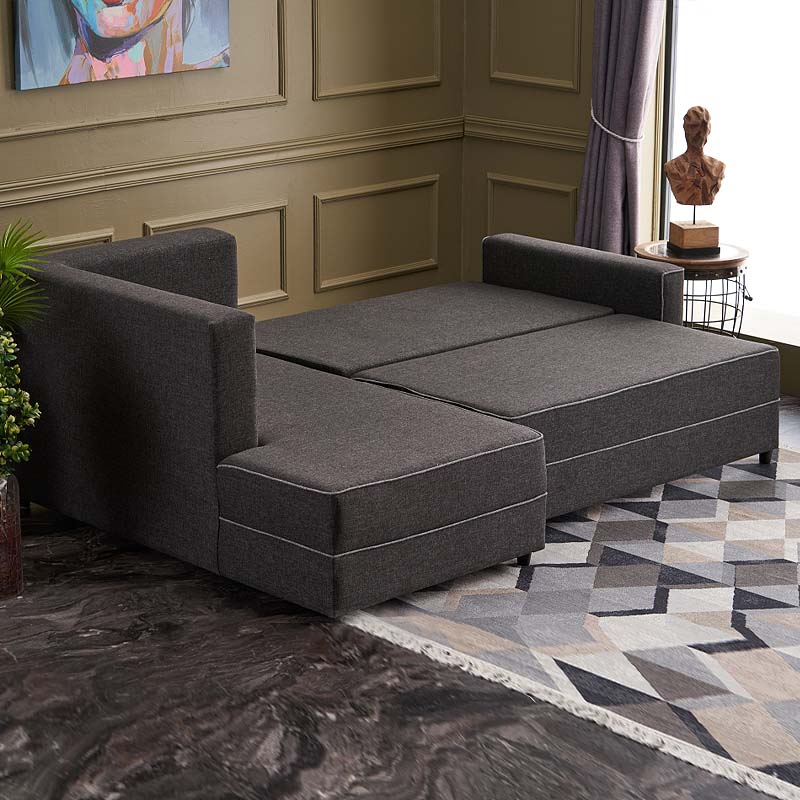 BALI Left Corner Sofa/Bed in anthracite fabric, showcasing its modern design and storage space.