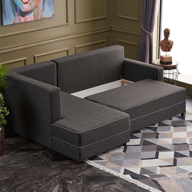 BALI Left Corner Sofa/Bed in anthracite fabric, showcasing its modern design and storage space.