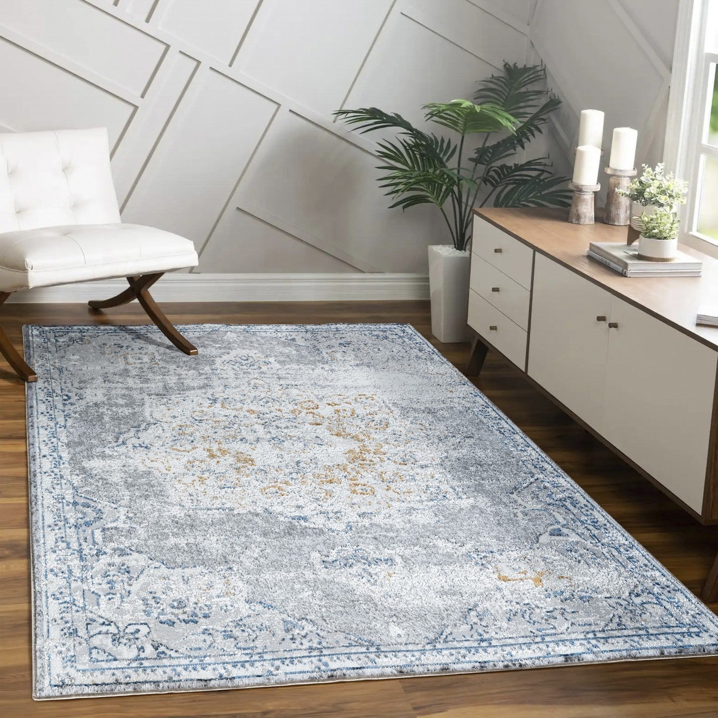 Legacy Multi 5 ft. 3 in. x 7 ft. Area Rug featuring a beautiful medallion pattern in white, made from durable polyester.