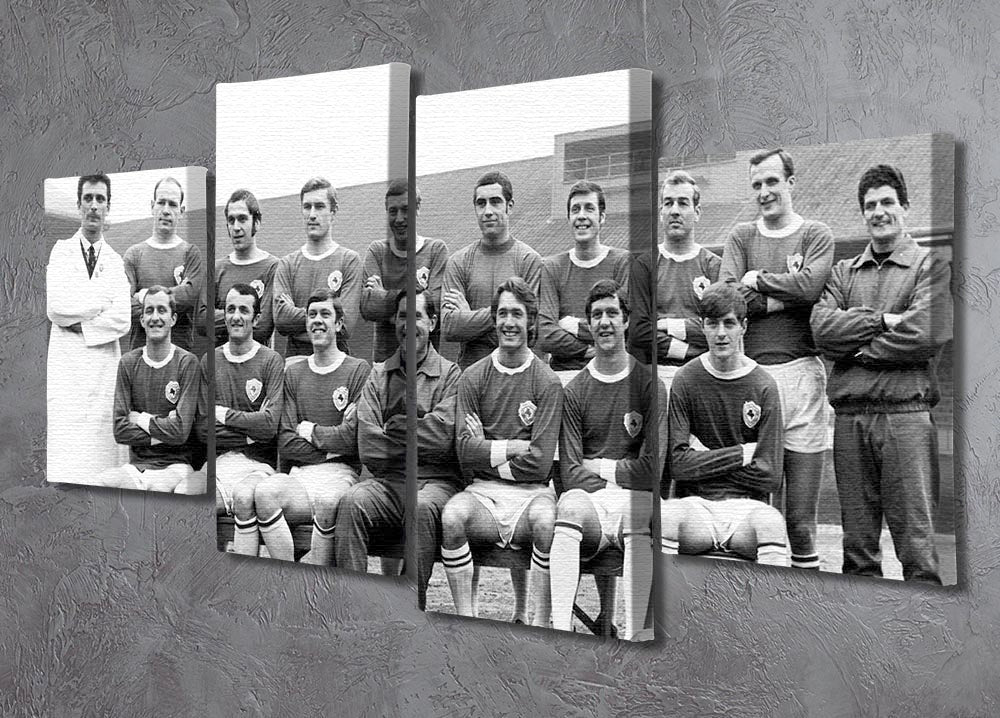 Leicester City FC 1969 team photo displayed on a 4 split panel canvas, showcasing players in a historic moment.