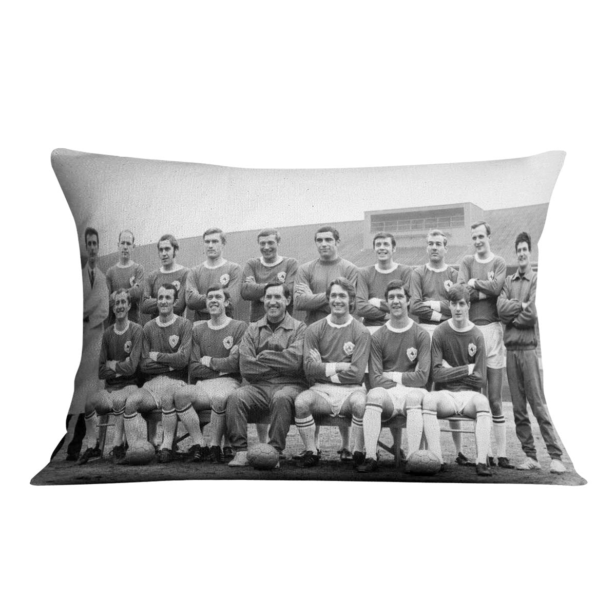 Leicester City Football Club Team Photo 1969 Cushion featuring vibrant colors and soft vegan faux suede material.