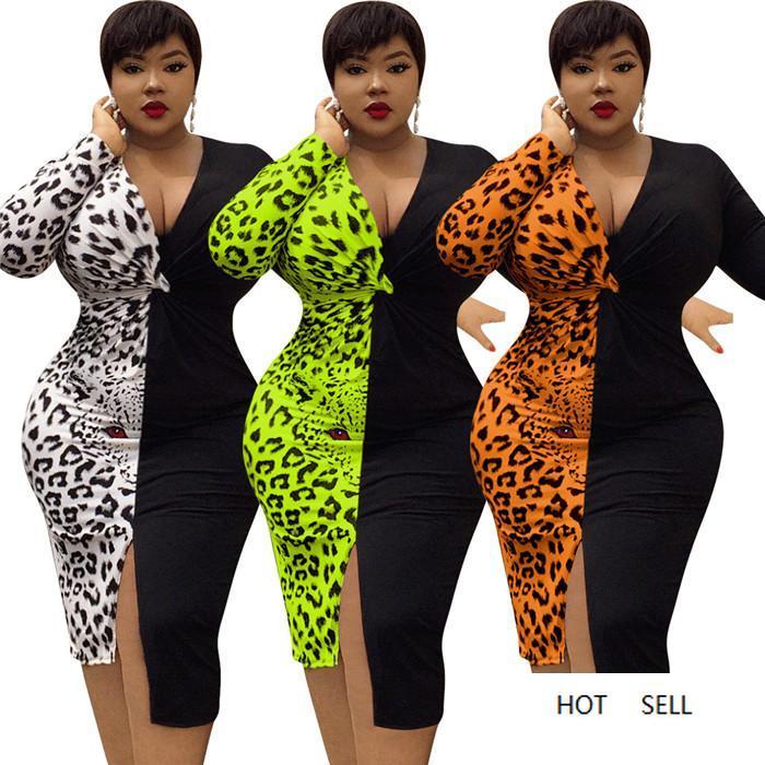 Leopard Patchwork Sexy Women's Dress featuring a V-neck, long sleeves, and a bodycon fit, perfect for autumn casual wear.
