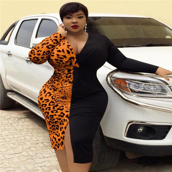 Leopard Patchwork Sexy Women's Dress featuring a V-neck, long sleeves, and a bodycon fit, perfect for autumn casual wear.