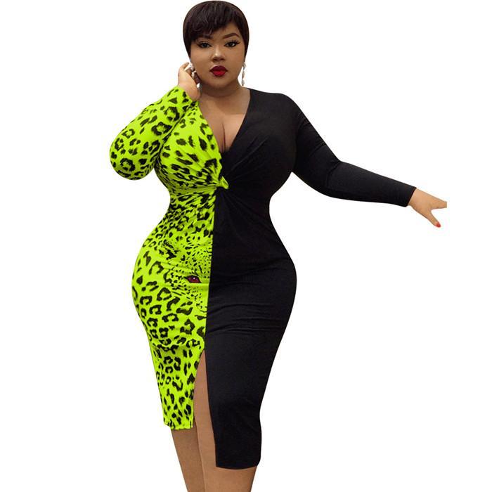 Leopard Patchwork Sexy Women's Dress featuring a V-neck, long sleeves, and a bodycon fit, perfect for autumn casual wear.