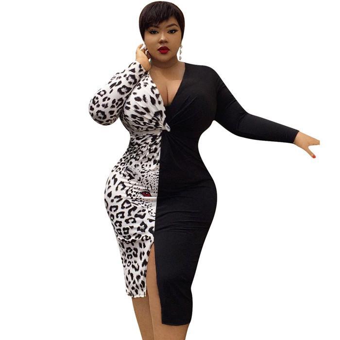 Leopard Patchwork Sexy Women's Dress featuring a V-neck, long sleeves, and a bodycon fit, perfect for autumn casual wear.