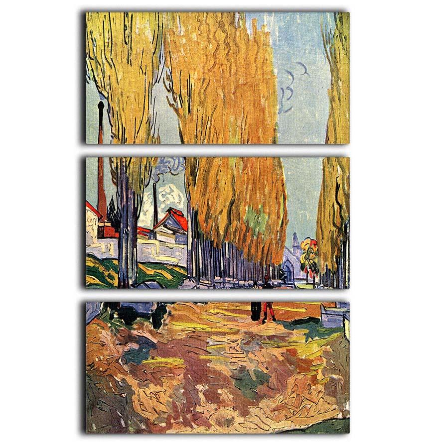 Les Alyscamps by Van Gogh 3-panel canvas print showcasing vibrant colors and intricate details.