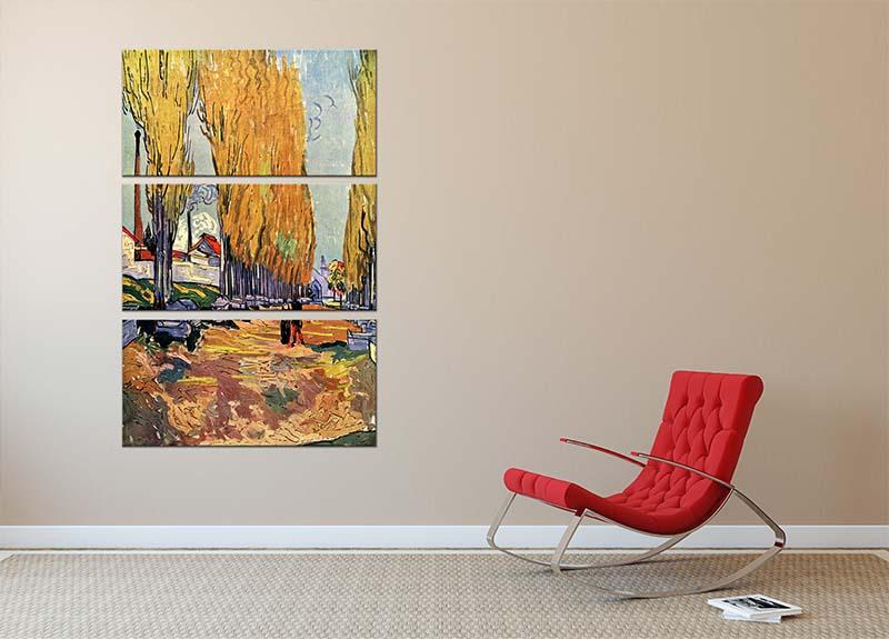 Les Alyscamps by Van Gogh 3-panel canvas print showcasing vibrant colors and intricate details.