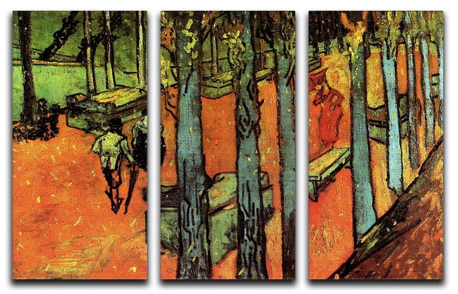 Three-panel canvas art featuring Van Gogh's Les Alyscamps with vibrant autumn leaves, perfect for home decor.