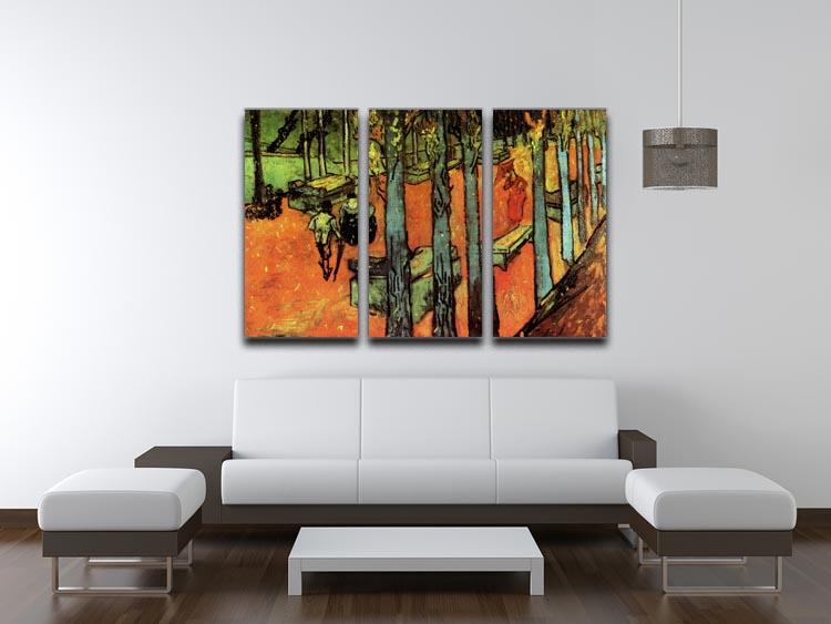 Three-panel canvas art featuring Van Gogh's Les Alyscamps with vibrant autumn leaves, perfect for home decor.