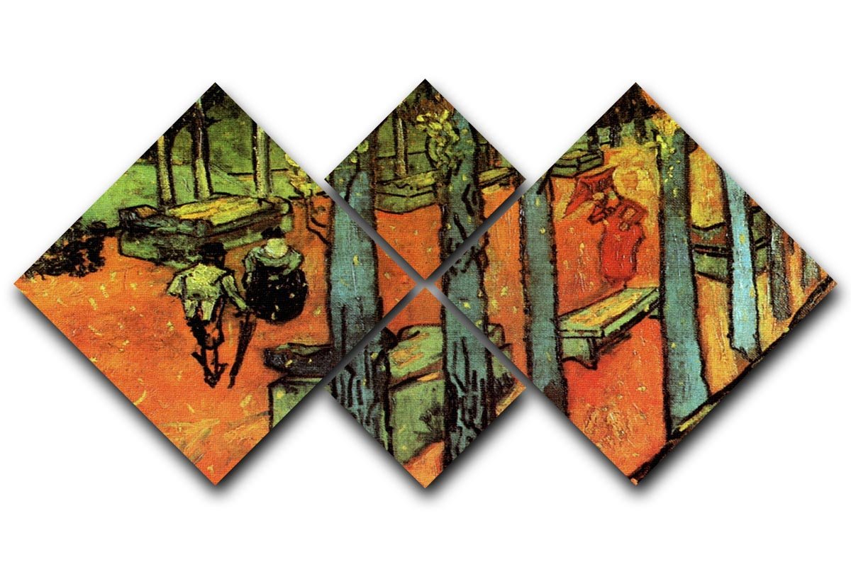 A 4-square multi-panel artwork featuring Van Gogh's Les Alyscamps with vibrant autumn leaves, showcasing rich colors and intricate details.